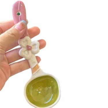 Imagem de Concha de sopa Conjunto de 2 mini colher cerâmica fofa com alça larga chá café açúcar decoração flores(Pink)