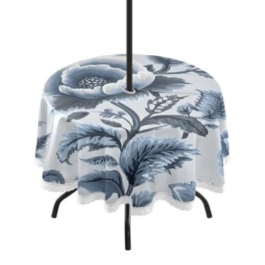 Imagem de CEBUGI Toalha de mesa redonda para uso externo, estampa floral, impermeável, com furo Umberlla, capa de mesa lavável para pátio, cozinha, sala de jantar, 152 cm