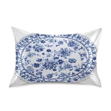 Imagem de Wassud Fronha de cetim floral de porcelana azul e branca para cabelo e pele fronhas de seda lisa Queen Size Capas de travesseiro respiráveis com fecho de envelope