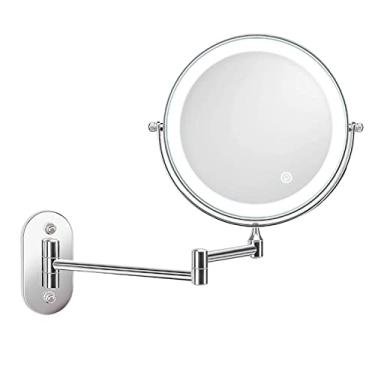 Imagem de YYBOES Espelho de maquiagem montado na parede de 20 cm, tela sensível ao toque de LED ajustável com 3 luzes coloridas espelho de ampliação dupla face 1X/5X, extensível giratório