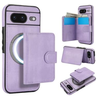 Imagem de Para Google Pixel 8 carteira removível compatível com Magsafe capa de carregamento sem fio com suporte para cartão, compartimento para dinheiro, suporte 2 em 1 capa à prova de choque (roxa)