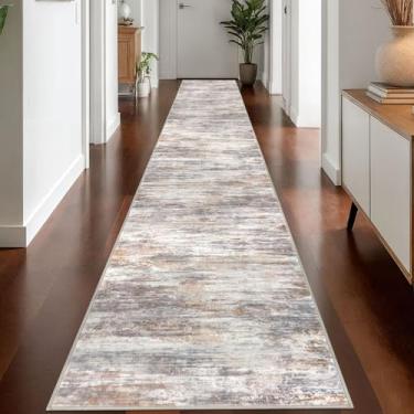 Imagem de KOZYFLY Tapete de corredor longo abstrato moderno lavável 6 x 45 cm tapete de corredor antiderrapante macio tapete de cozinha, multicinza 4,7 m para escada, entrada, banheiro, lavanderia, hall de