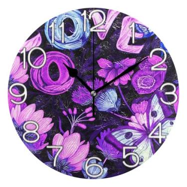 Imagem de GAIGEO Relógio de parede decorativo analógico redondo sem tique-taque silencioso para sala de aula, relógio de escritório, retrô moderno art déco decoração de parede roxo flor borboleta dos namorados