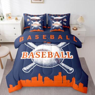 Imagem de Erosebridal Jogo de cama de beisebol, 7 peças, softball, para meninos, beisebol, cidade, edredom com lençol casal para crianças, adolescentes e adultos, jogos esportivos, (Detroit), azul marinho e