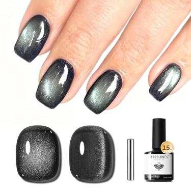 Imagem de modelones Esmalte de gel Cat Eye, esmalte magnético de 15 ml, brilho holográfico, translúcido, transparente, cor preta, esmalte magnético, com imersão, LED, arte em gel, faça você mesmo, presente de