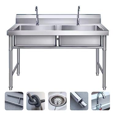 Imagem de Pias de cozinha de tigela dupla, pia utilitária de 2 compartimentos, pias utilitárias de aço inoxidável, com conjunto de filtro de drenagem, para restaurante, lavanderia (100 x 50 x 80 cm)