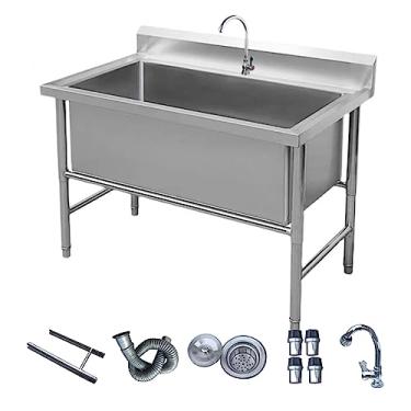 Imagem de Pia industrial de aço inoxidável de aço inoxidável independente, pia industrial, 1 compartimento para pia de cozinha comercial com torneira e kit de drenagem (100 cm/39,4 pol, prata)