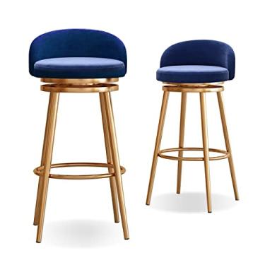 Imagem de Banquetas de barra com altura de balcão, bancos de bar giratórios, conjunto de 2, bancos de balcão para bar Island, banquetas de barra com estrutura de metal com encosto e apoio para os pés