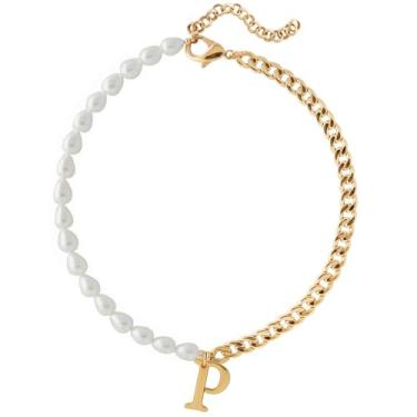 Imagem de Wellike Colar de corrente de meia pérola, meia Cuba, com iniciais, aço inoxidável, PVD, pingente de ouro 18K, gargantilha grossa de ouro com caixa de presente, Standard, Pérola, Pérola de vidro