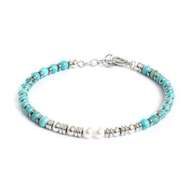 Imagem de Zordixon Pulseira masculina feita à mão pedra ciano natural + aço inoxidável + contas – comprimento 22 cm, tamanho ajustável