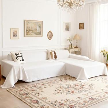 Imagem de MEETSKY Capa de sofá branca seccional lavável, 2 peças de capas de sofá de chenille para 2 almofadas em forma de L, protetor de móveis multiuso para animais de estimação (180 x 259 cm + 180 x 299 cm)