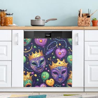Imagem de ATTX Máscara colorida Mardi Gras capa magnética para lava-louças | Adesivo decorativo de eletrodomésticos de 58 x 66 cm para armários domésticos e eletrodomésticos (140)