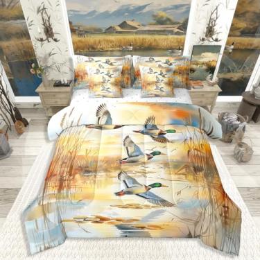 Imagem de Erosebridal Jogo de cama solteiro com estampa de patos selvagens da floresta e patos selvagens, tamanho solteiro, para meninos, meninas, adolescentes, adultos, estilo casa de fazenda rústica
