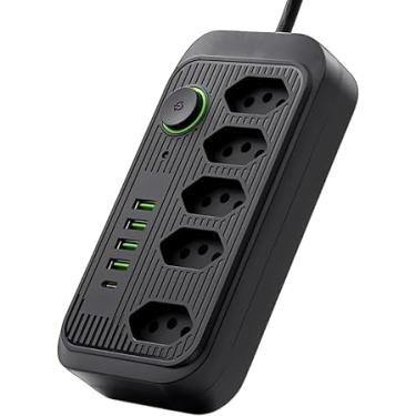 Imagem de Régua de Energia com 5 Tomadas, 4 USB + 1 USB Tipo-C, Cabo 2m, 2500W, Extensão Elétrica Inteligente, Filtro de Linha Bivolt 110–220V, Alta Potência e Segurança