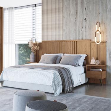 Imagem de Cabeceira Extensível Casal/Queen Ripada com 2 Mesas de Cabeceira Flora Móveis Castro - Macadâmia