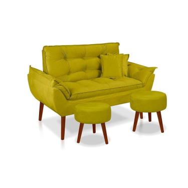 Imagem de Kit C/ 01 Namoradeira Opala + 02 Puffs Redondo Danny + 02 Almofadas Suede Amarelo