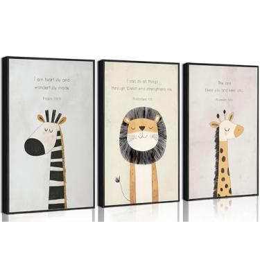 Imagem de Wavkkey Arte de parede de berçário cristão vintage safári animal versículo bíblico pôsteres pinturas decoração de parede impressões em tela para bebê menino menina quarto crianças quarto decoração de