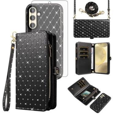 Imagem de Capa de telefone para Samsung Galaxy S25 FE 5G capa carteira com zíper com protetor de tela de vidro temperado alça transversal alça de cordão bling glitter flip compartimento para cartão S 25 EF