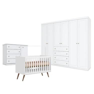 Imagem de Quarto De Bebê Americano 6 Portas Com Berço Americano Q Encanto 3820 Retrô Branco Acetinado - Qmovi - Henn