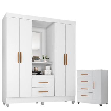 Imagem de Guarda Roupa Casal Capela Com Cômoda Lite 4 Gavetas 01 Porta Branco Brilho - Móveis Leão