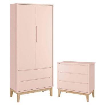 Imagem de Guarda Roupa Infantil 2 Portas E Cômoda Gaveteiro New Classic Rosa Com Pés Madeira Natural - Reller