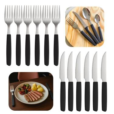 Imagem de Faqueiro 24 Peças 12 Garfos 12 Facas Cabo Preto De Plástico Berlin Em Casa Tem