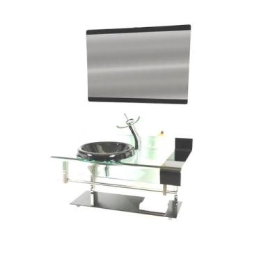 Imagem de Gabinete de vidro para banheiro inox 90cm curvado duplo com torneira c