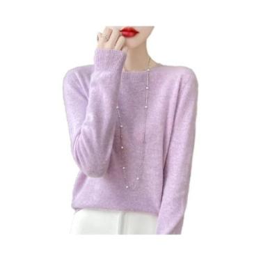 Imagem de Pulôver Feminino 100% Lã Merino Cashmere Com Gola Redonda E Manga Long