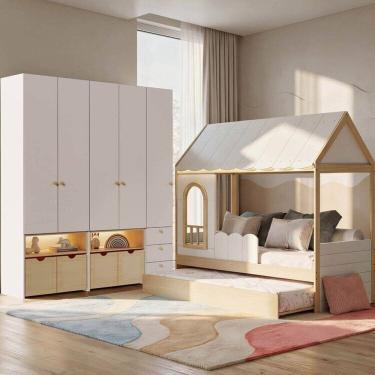 Imagem de Guarda-roupa Modulado Wave e Bicama Casinha New Garden Casatema MadeiraOriginals Branco/Natural