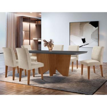 Imagem de Conjunto de Jantar Evora 6 Lugares Tampo em MDF com Cadeiras em Veludo Creme Grafite Im...