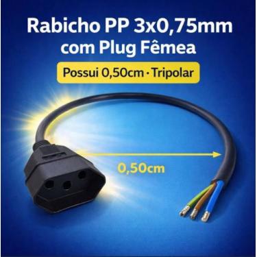 Imagem de Rabicho PP 3x0,75mm 50cm Plug Fêmea Tripolar Cabo Elétrico - Infra Mat