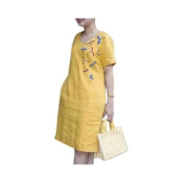 Imagem de Vestido Feminino Vintage De Algodão Com Bordado E Decote Em V, Tamanho