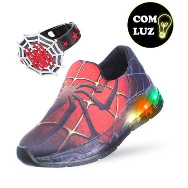 Imagem de Tenis Calçado de Led Luz Aranha Preto Vermelho com Pulseira Infantil Masculino