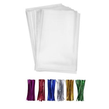 Imagem de 200 sacos transparentes para guloseimas 15 x 22 cm com laços torcidos de 10 cm 6 cores mistas - sacos de plástico grosso OPP para violoncelo para biscoito de casamento, bolo de aniversário, presentes de doces buffet (15 x 22 cm)
