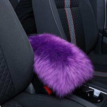 Imagem de Frienda Capa de apoio de braço peludo capa de apoio de braço central automática almofada de console macia de carro de pele de carneiro de lã de ovelha macia macia capa de console central automática para a maioria dos protetores de decoração de carro (roxo, estilo fofo)