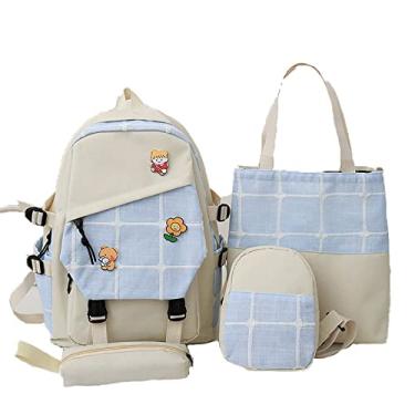 Imagem de Mochila de faculdade 4 peças mochila casual de lona com bolsa, bolsa de moedas, estojo de lápis, mochila xadrez de grande capacidade, azul, 44 x 29 cm