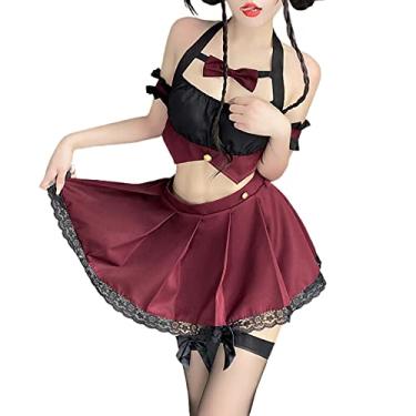 Imagem de Temptshow Female cosplay sexy maid underwear Japanese Lolita anime babydoll naughty cute pajamas (Black red)