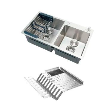 Imagem de Kit Cuba Dupla Para Cozinha Gourmet com Escorredor Aço Inoxidável Awá Pingoo.casa - Prata