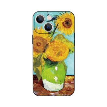 Imagem de WMCFNG Capa de telefone compatível com iPhone 13 Mini, amarelo brilhante 3 girassóis no vaso por Van Gogh, capa protetora à prova de choque presente para mulheres e meninas para iPhone 13 Mini