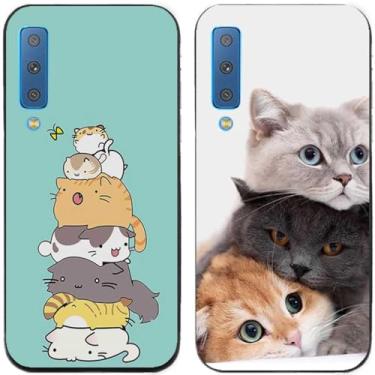 Imagem de 2 peças coruja lobo leão tigre gato pilha golfinhos pug Husky cão dinossauro panda TPU gel capa de telefone para Samsung Galaxy A7 2018 (pilha de gato)