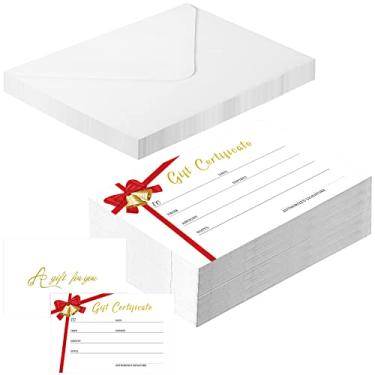 Imagem de Spiareal 50 peças de vales de presente de Natal em branco com envelopes correspondentes, cartões de papel de fita vermelha para pequenas empresas, restaurante, salão de beleza, casamento, aniversário,
