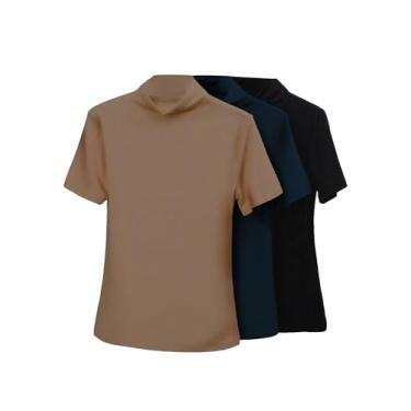 Imagem de SOLY HUX Conjunto de 3 camisetas femininas básicas de manga curta, gola redonda, casual, de verão, Cáqui, azul escuro, preto, GG