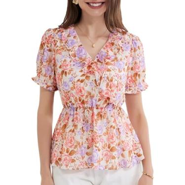 Imagem de GRACE KARIN Blusas femininas casuais elegantes de chiffon com babados manga curta peplum blusas de verão floral decote em V camisas rodadas, rosa, XXG