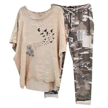 Imagem de Lainuyoah Conjunto de 2 peças para mulheres, roupas de verão, estampa de dente-de-leão, blusa de manga curta, calças camufladas, confortáveis, F-cáqui, X-Large