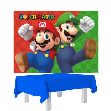 Imagem de Kit Feta Super Mario Decoração Painel G+ Toalha de mesa azul - Festcol