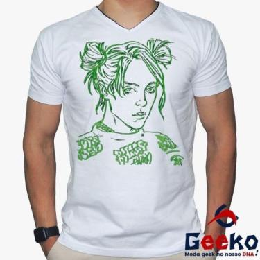 Imagem de Camiseta Billie Eilish 100% Algodão Geeko, Branco gola v, G