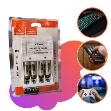 Imagem de Kit Completo Carregador Inteligente+4 Pilhas Recarregáveis AAA Palito 