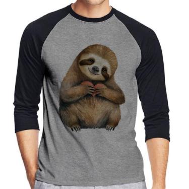 Imagem de Camiseta Raglan Bicho Preguiça Coração Manga 3/4 - Foca na Moda, Cinza