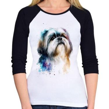 Imagem de Baby Look Raglan Cachorro Shih Tzu Watercolor Manga 3/4 - Foca na Moda