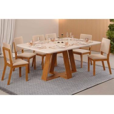 Imagem de Sala De Jantar Completa Celeste Tampo Madeirado C- Vidro Retangular 160x90cm E 6 Cadeiras Talia Freijo-off White - Suede Creme - Dj Móveis
